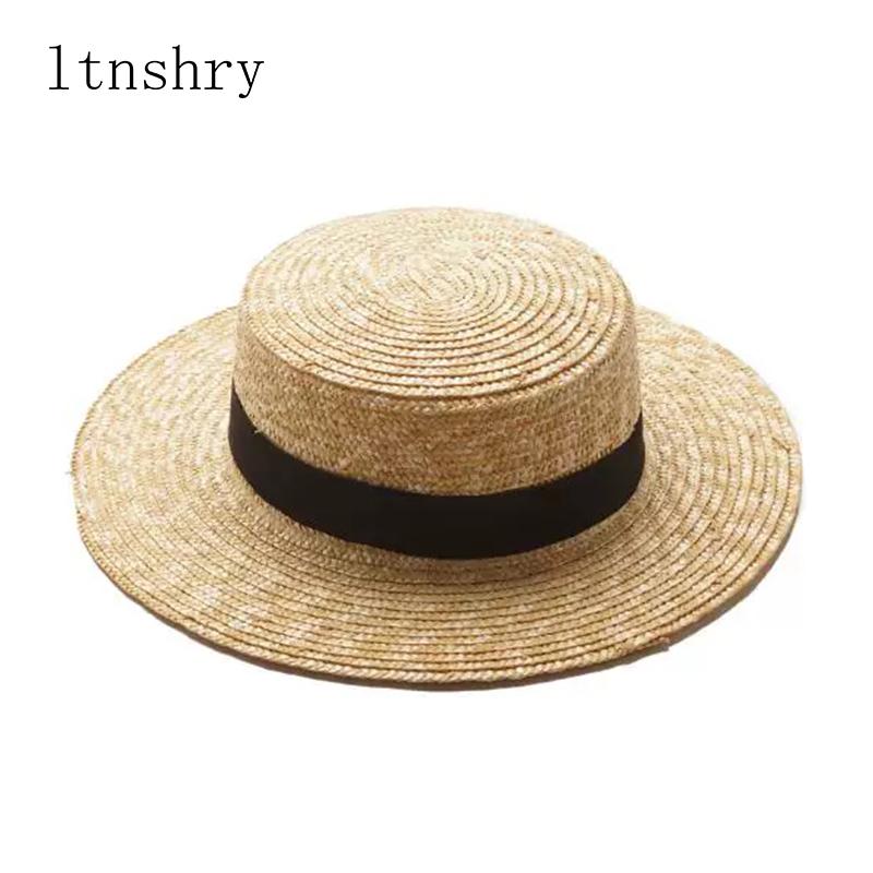 Garden Supplies My Women's Pop Hot Summer Boater Beach Hat Casual Panama Hat Lady Brand Classic Flat Bowknot Straw Sun Hat Fedora 55-58Cm