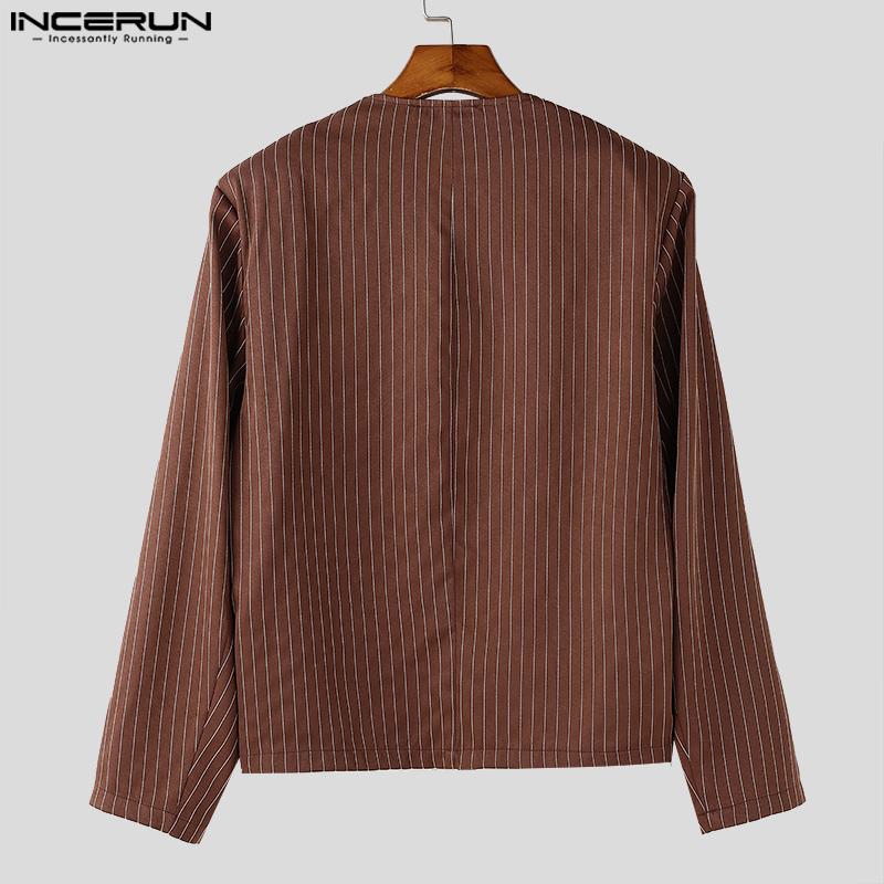 INCERUN Seturi Casual de Pantaloni de Costum pentru Bărbați din Două Piese cu Mânecă Lungă, cu Gât Rotund, cu Dungi și Fante