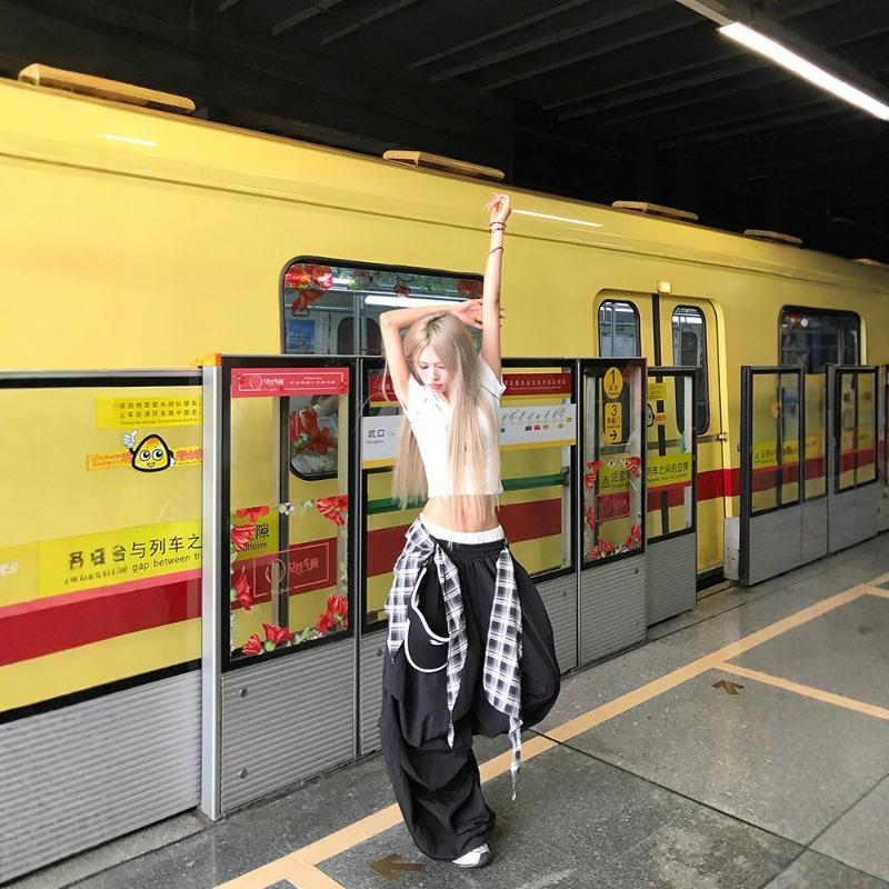 Retro Black Casual Pants Women's Summer Street Jersey Style Street Dance Stacked Wearing Loose Tooling Pants Tide