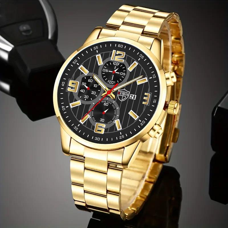 3 teile/satz, 1 pc Mode herren Kalender Casual Edelstahl Quarz Uhr & 1 pc Armband & 1 pc Halskette, männer Geschenke