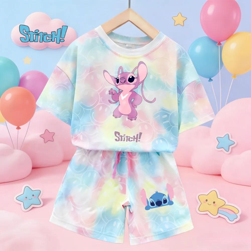 Cute Stitch Print Tie-dye Smile Tees Girl Summer pajamas Kawaii Smile Face Short Sleeve Outfits Short Sleeve T-Shirt and Shorts