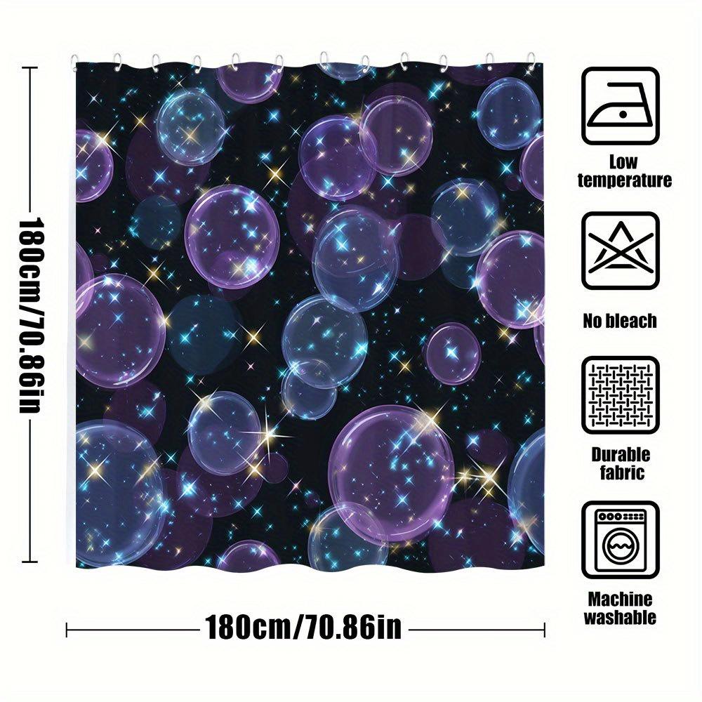 1Pc Cosmic Bubbles Bath Curtain - Whimsical Space Theme With Glowing Blue Purple Yellow Orbs & Twinkling Starry Night Sky Design