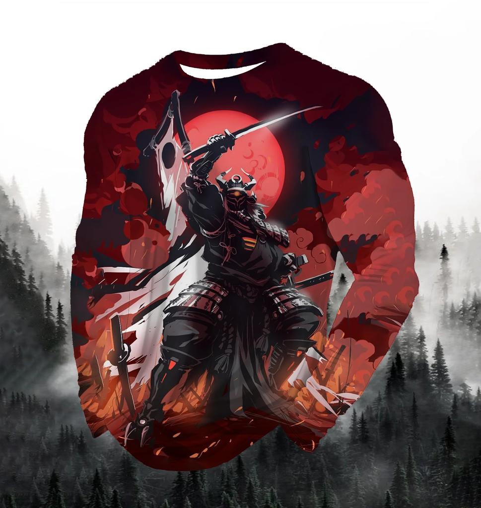 2026 Fashion Men's 3D Printed Round Neck Long Sleeve Loose Sweatshirt Japanese Samurai Sports Leisure Autumn Streetwear 2026