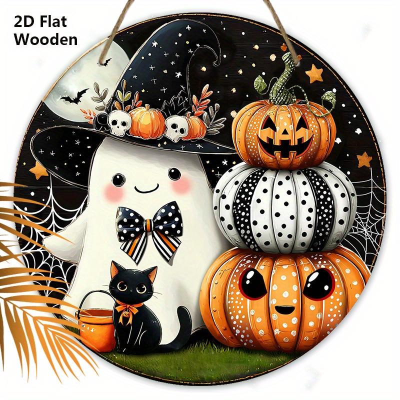 Halloween Wooden Sign with Pumpkin & Ghost Pattern - Charming Decorative Sign and Plaques - Ideal Front Door Decor - Halloween Decor