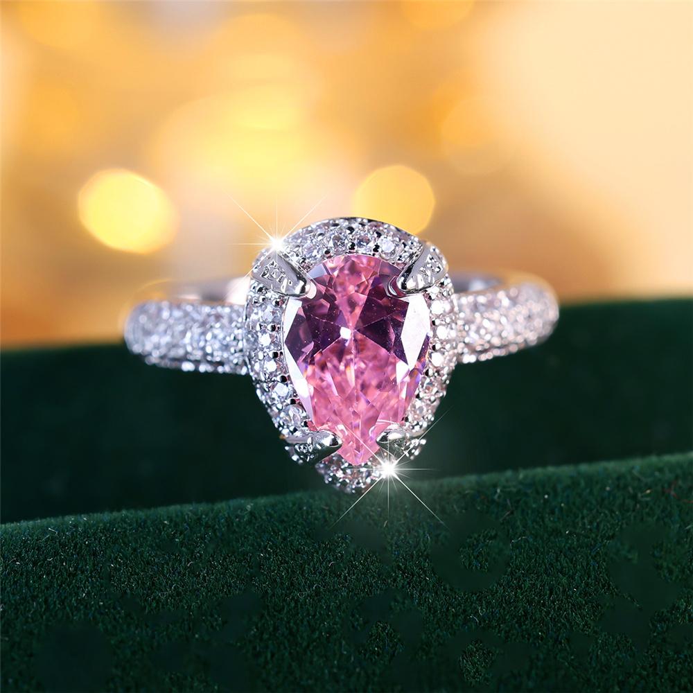 Size 6/7 Female Crystal Pink Zircon Stone Water Drop Engagement Ring Vintage Silver Color Wedding  For Women