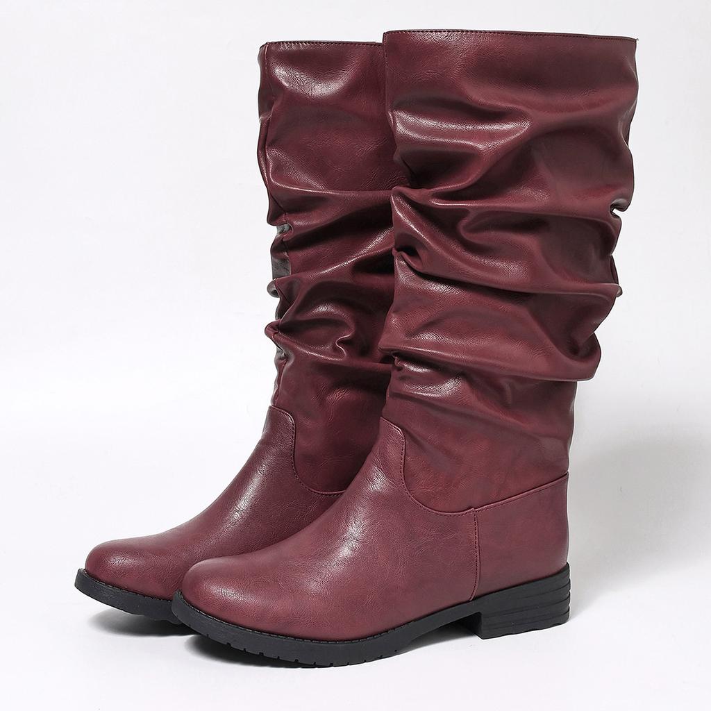 Women's Solid Color Leather Boots, Chunky Heel Knee High Riding Boots, Wrinkled Casual Knight Boots for Women