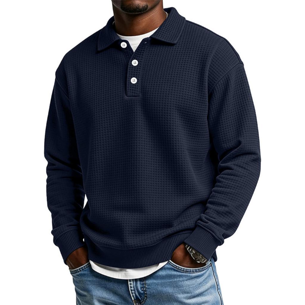 Men's Casual Long Sleeve Waffle Knit Polo Shirt Button Collar Pullover Lightweight Comfortable Fit Layering Top
