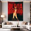 Olivia Rodrigo red stage, saturated red field with the singer in a red outfit performing, OLIVIA RODRIGO type, pop-concert art, wall hanging