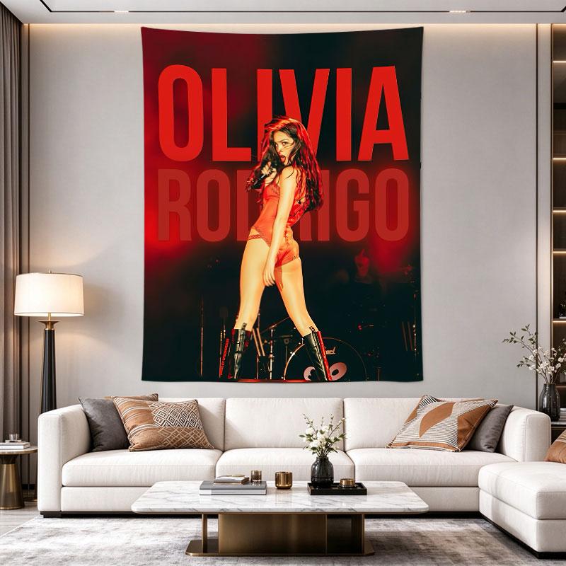 Olivia Rodrigo red stage, saturated red field with the singer in a red outfit performing, OLIVIA RODRIGO type, pop-concert art, wall hanging