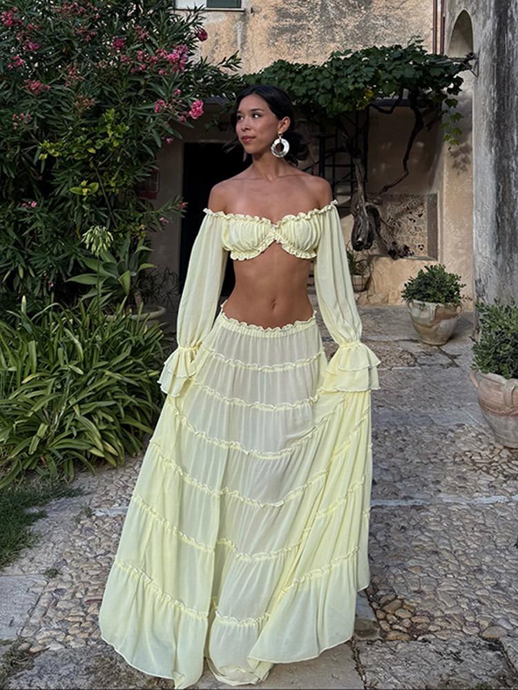 2026 Summer Women s Strapless Off-Shoulder Top and Long Layered Skirt Set M