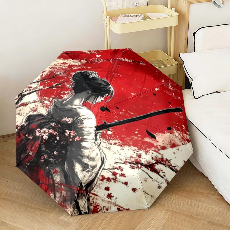 1PC Samurai Sunset Blossoms Automatic Umbrella - Suitable Travel Outdoor Portable Umbrella Birthday Gift Daily Essentials