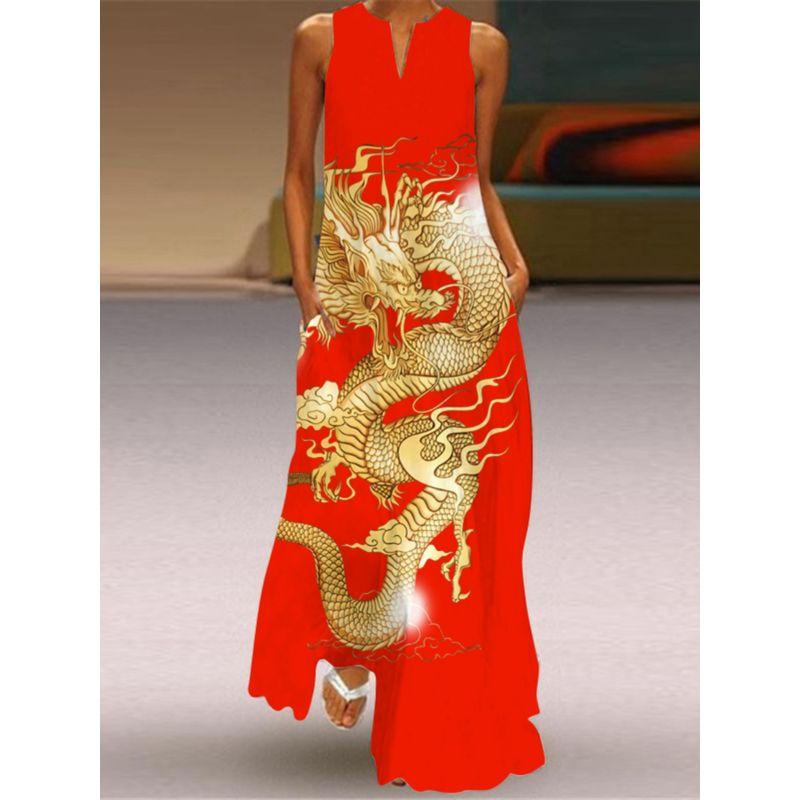 2025 New Arrival Dress Spring and Summer Thin Plus Size Women's Clothing 3D Print Fashion V Neck Pocket Large Swing Dress