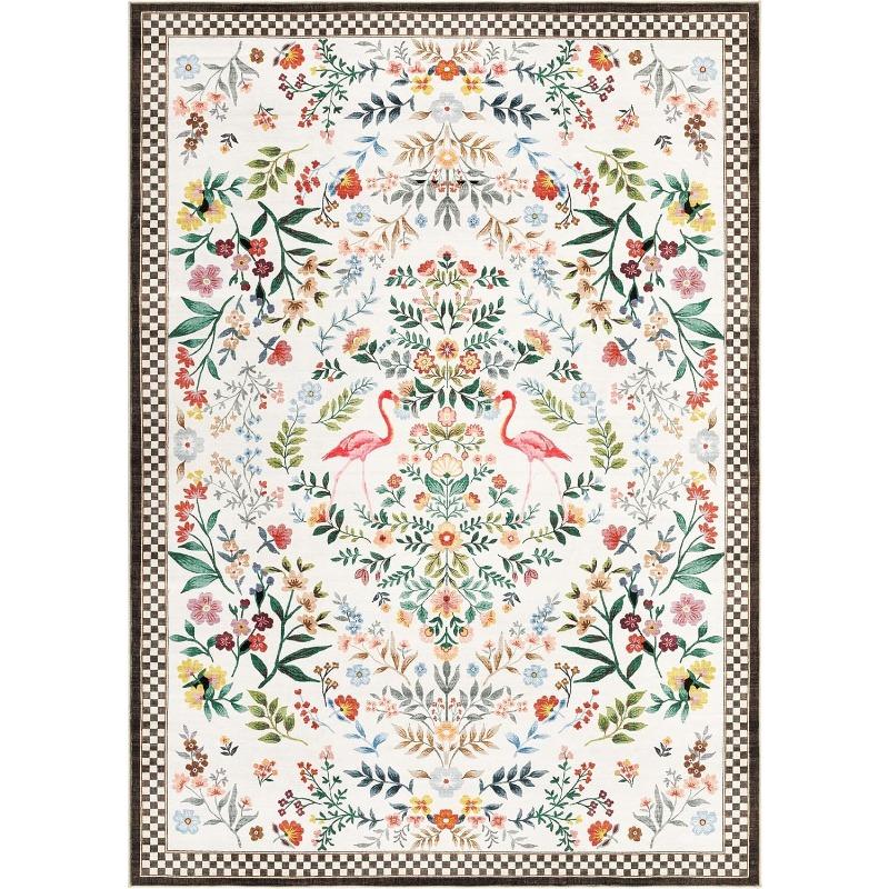 Floral Plaid Print Living Room Carpet Large Area Machine Washable Rugs Non Slip Backing Sofa Coffee Table Floor Mat Bedroom Rug