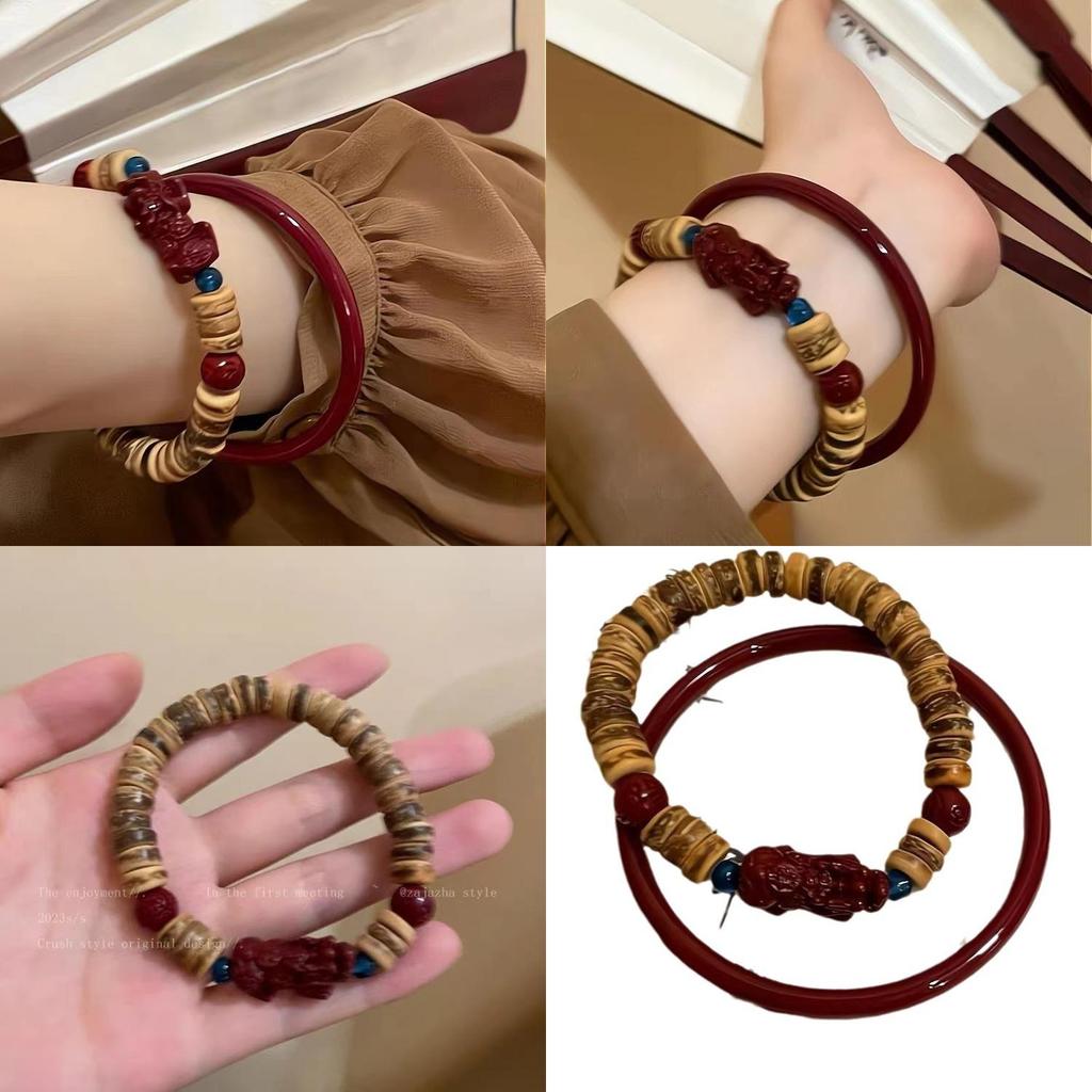 Elegant Red Glass Bracelet Coconut Shell Pixiu Beads Handcrafted New Chinese Style