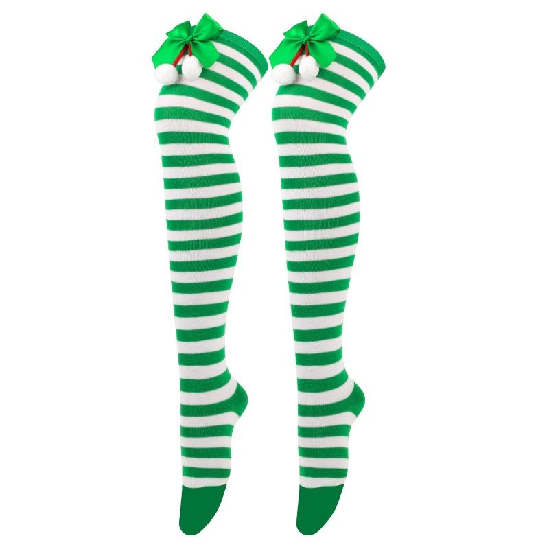 Striped Stockings For Women Over The Knee Long Socks Christmas Green Red Bowknot Long Socks Female Leg Stocking