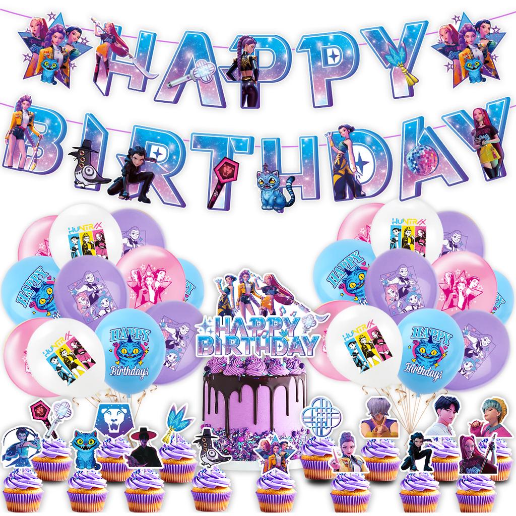 2026 hot K-POP Demon Hunters Birthday Party Decor Set, Banner Cake Topper Balloons Backdrop, Ideal Birthday Gift & Party Favors