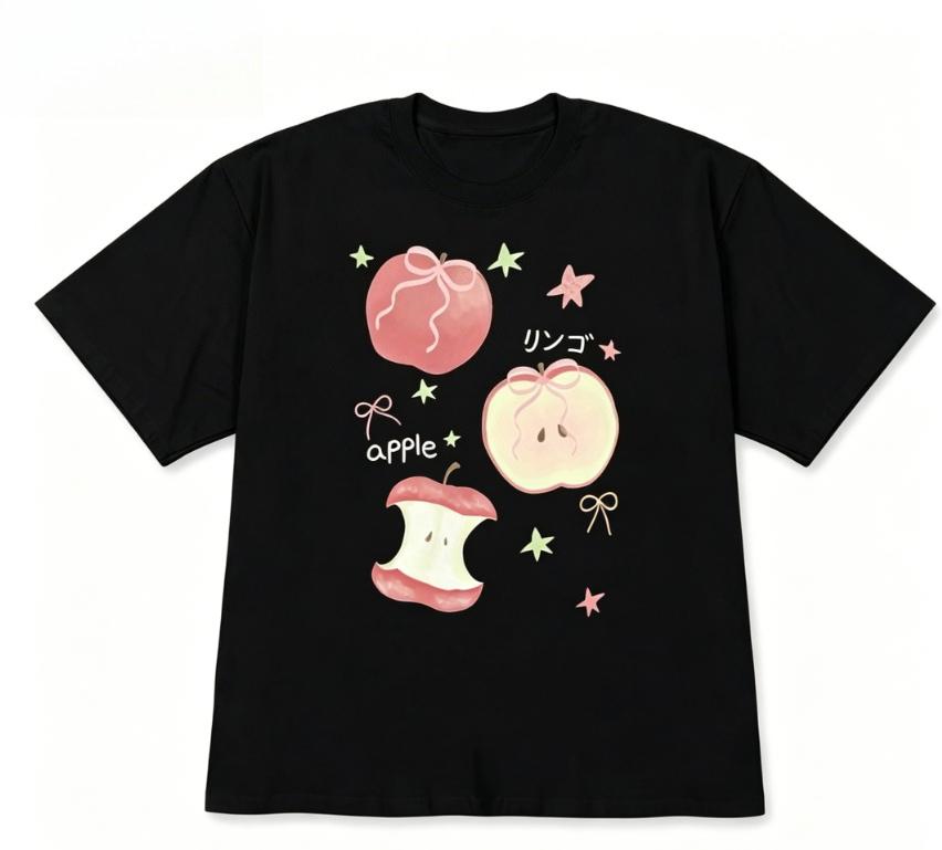 Black Short Sleeve Tshirt Cute Apple Print Crew Neck Tee Kawaii Graphic Casual Streetwear Top Korean Aesthetic Sweet Top Unisex