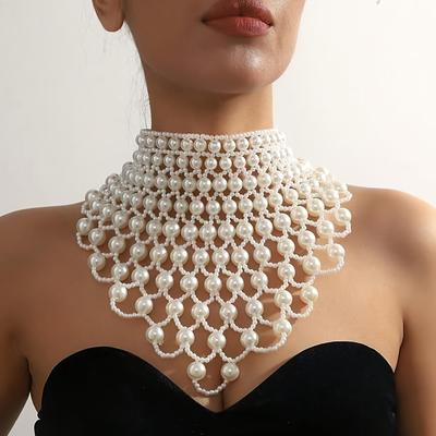 Luxury Hand-woven Faux Pearl Choker Necklace, Clavicle Collar Chain, Elegant Chunky Statement Bib Necklace Jewelry For Women, Sexy & Cute Style