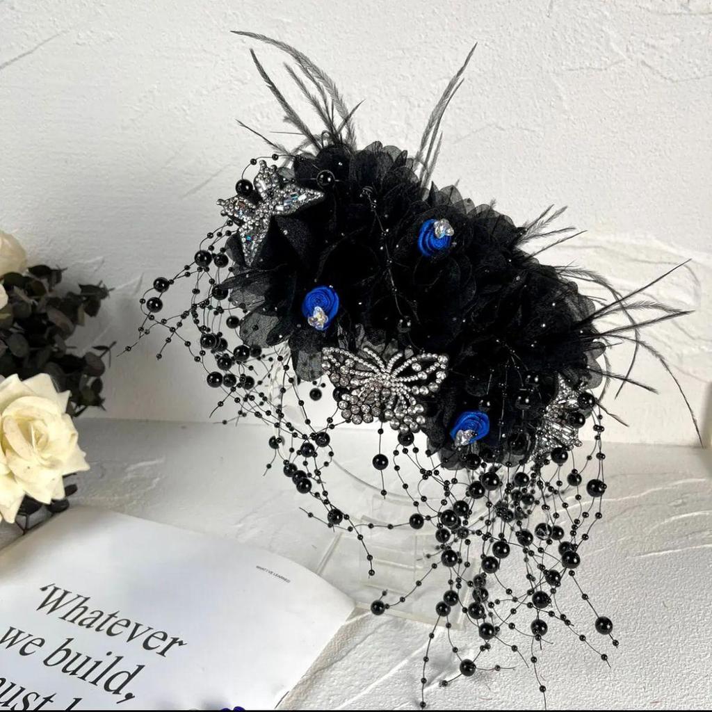 Large Bright Silk Flower & Feather Bead Tassel Hair Clip for Women's Updo