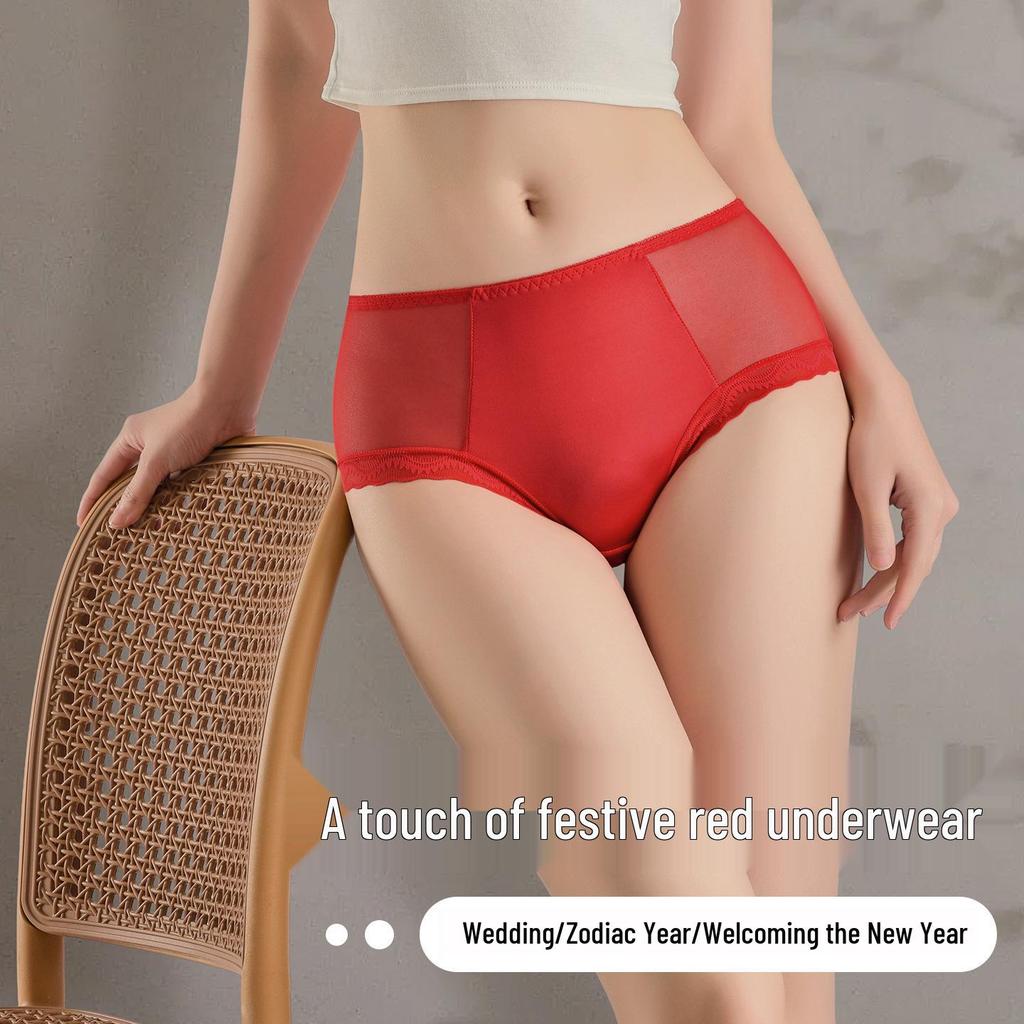 Women's Mid-Waist Ice Silk Lace Underwear - Summer Mesh Satin, Sexy Solid Color with Cotton Crotch