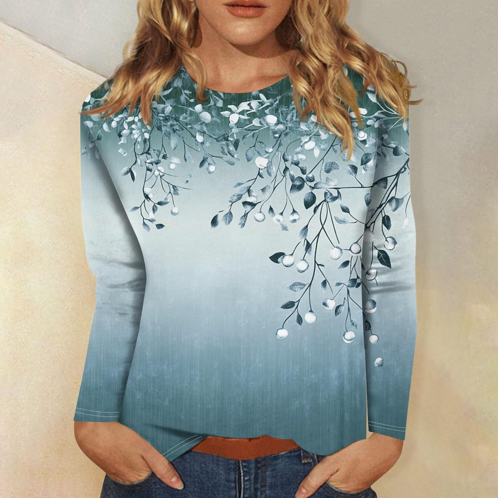 

Женская мода повседневная с длинным рукавом и цветочным принтом с круглым вырезом XL небесно-голубой