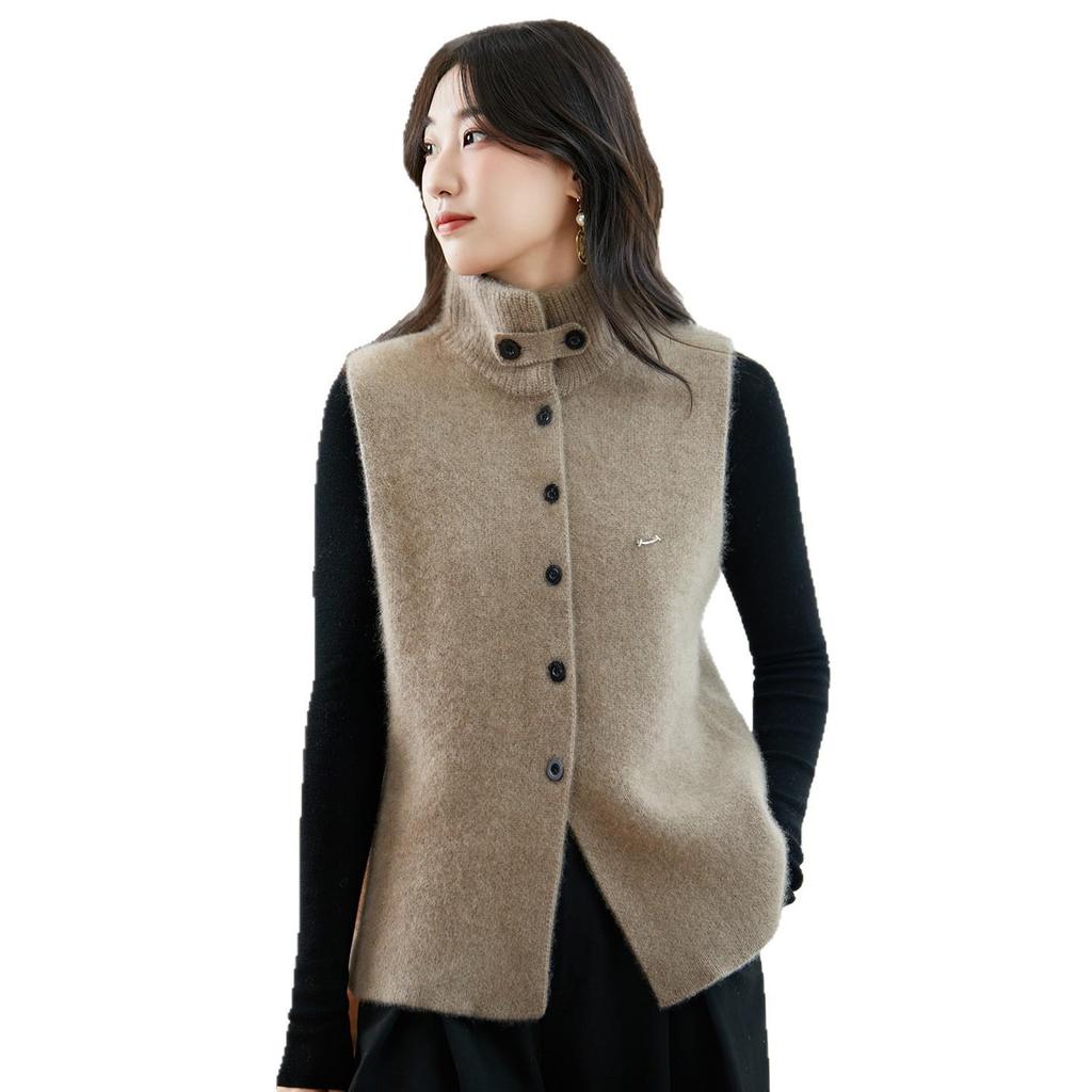 Women's 100% Cashmere Button-Up Vest, Thickened High-Neck Cardigan Sweater, Ideal for Layering As Outerwear Wool Knitwear