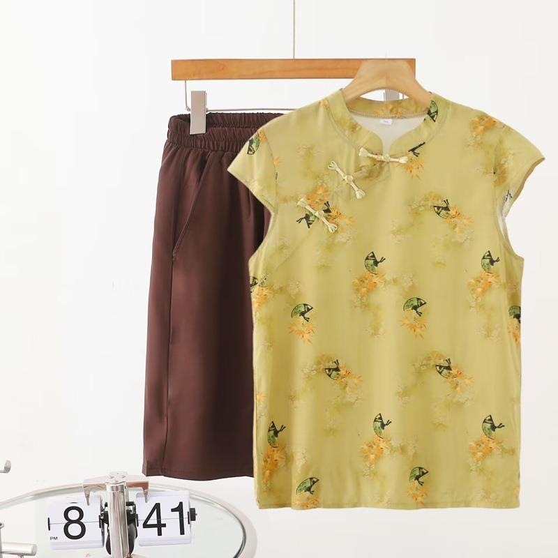 

Женский летний хлопково-шелковый тонкий комплект с коротким рукавом, свободный ципао, новый китайский стиль, большой размер, искусственный хлопок, комплект из двух предметов 5XL