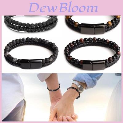 Herren-Armband mit zwei Lagen vulkanischem Stein und Legierung und Leder