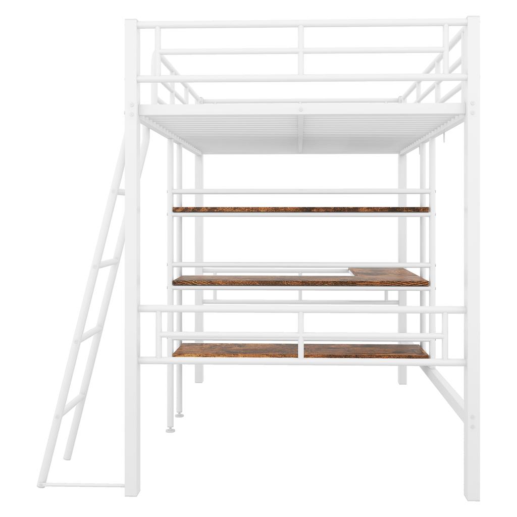 Letto a soppalco, 90*200cm, senza materasso, letto con scrivania, più ripiani, ringhiera, scaletta, struttura in ferro, bianco