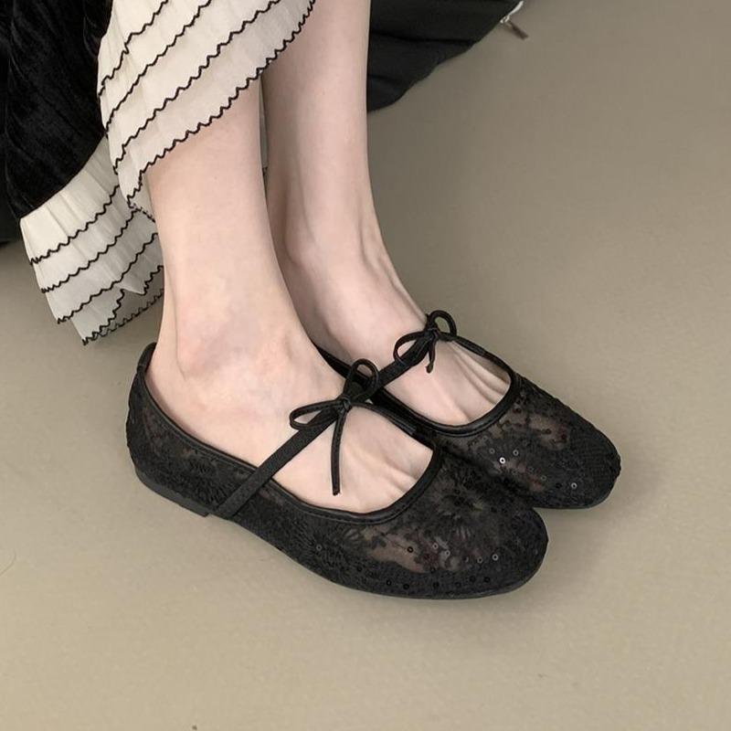 

Fashion Bow Mesh Lace Flats Ballet Shoes Women Sandals Marie Janes Shoes Square Toe Summer 2025 New Trend Dress Designer Sandalias Mujer 40 чёрный