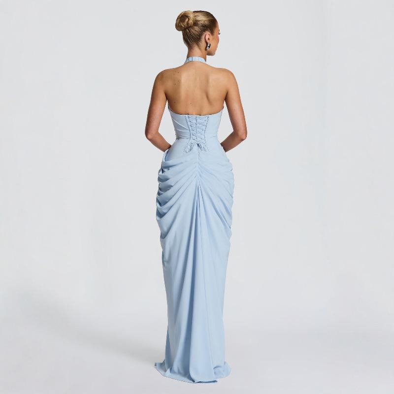 New women's clothing sexy deep V neck halter strap waist slim high split dress skirt