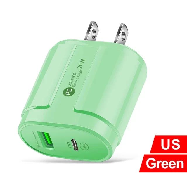 

1pc 20W Charger Fast Charge 5V 2A USB Type-C Charger Dual Ports Wall Travel Charger Macaron Color EU US Plug for IPhone Huawei US-Green