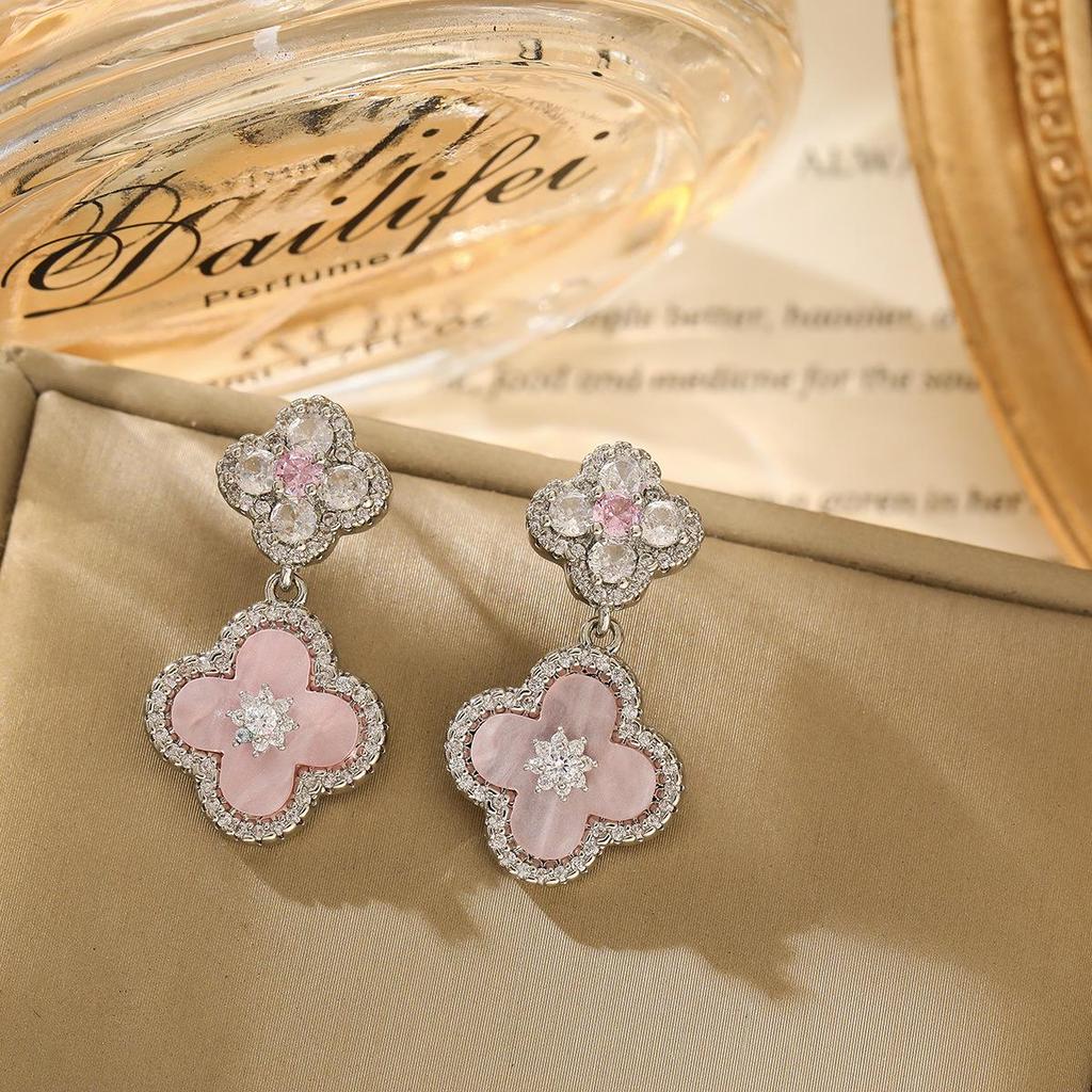 Stylish Four-Leaf Clover Zirconia Earrings: Versatile Niche High-End Studs