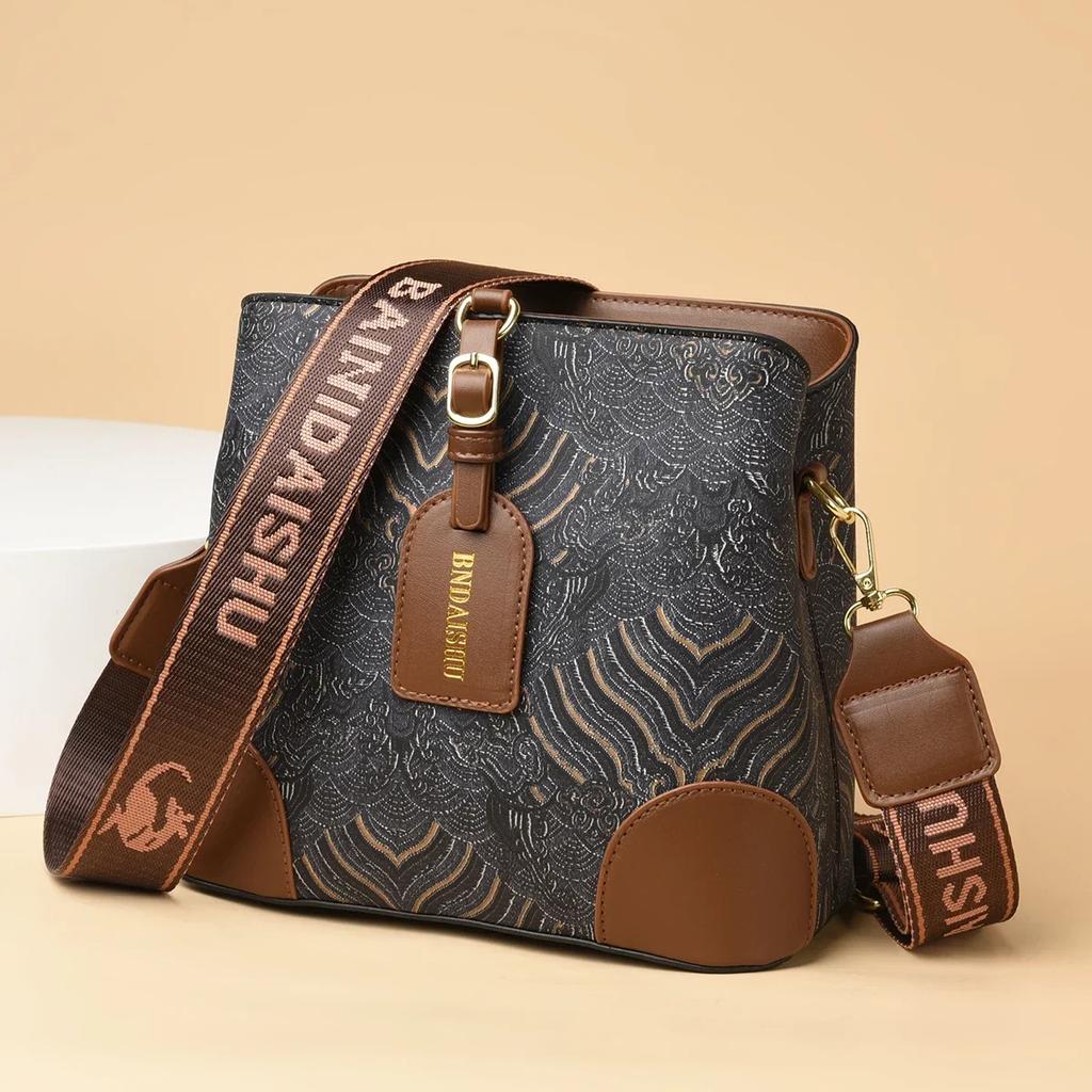 Women's PU Leather Bucket Bags Shoulder Bags for Ladies Large Crossbody Bags Wide Strap Fashion Embroidery High Quality