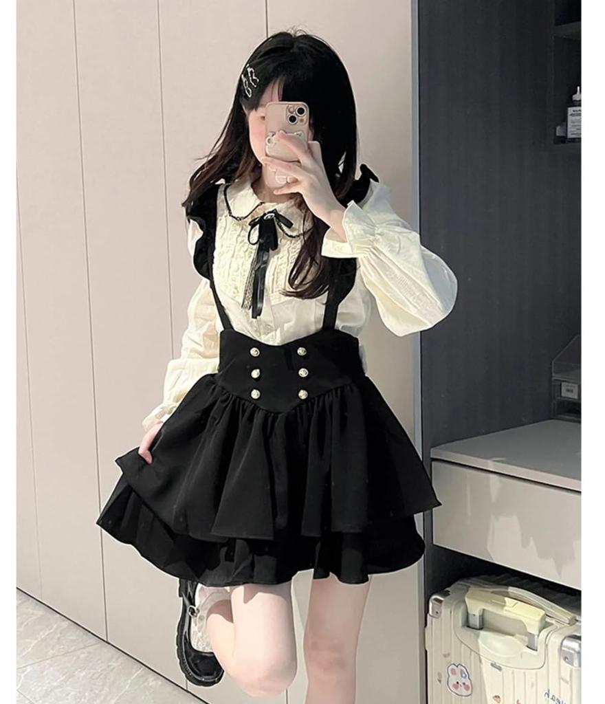 Gothic Lolita Blouse Set with Long Uniform Fall [SDSXZWG] Women's Bowknot, Subculture, School-Style, Sleeves, High-Waisted, Flared, A-Line Bottoms,