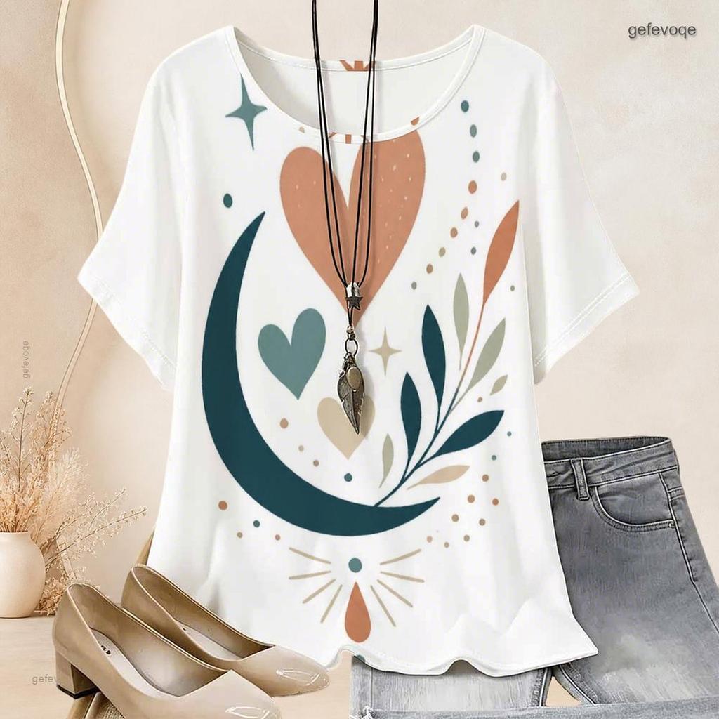 Women Plus Size Batwing Short Sleeve Top Round Neck Moon Star Night Sky Print Loose Casual Tunic Blouse