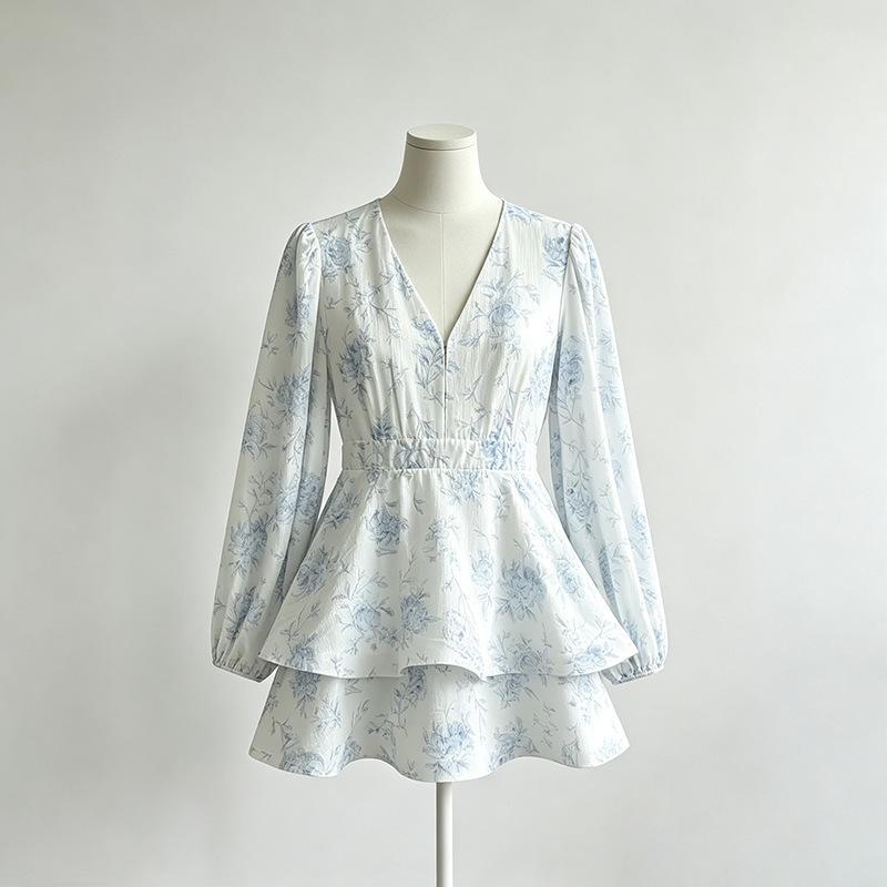 Gentle style date slimming French elegant ruffled mini skirt summer new women's bubble long-sleeve dress
