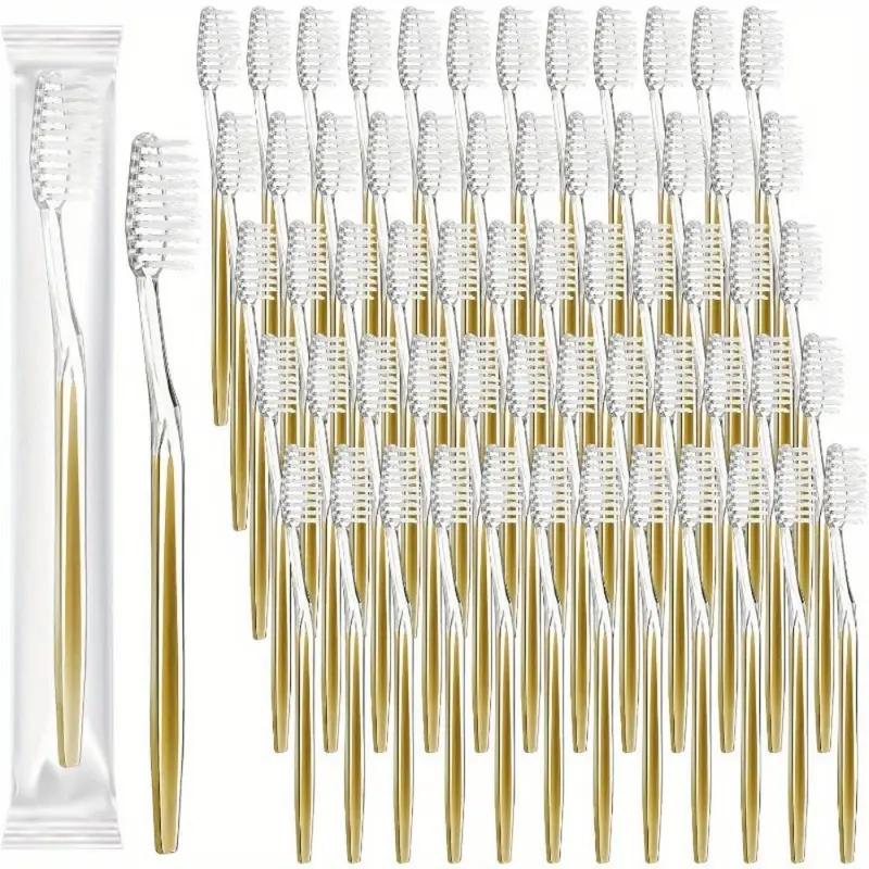 

100 Individually Packaged Disposable Travel Toothbrushes, Soft Hair Toiletries for Adults, Camping, Hotel Guests [Gold]