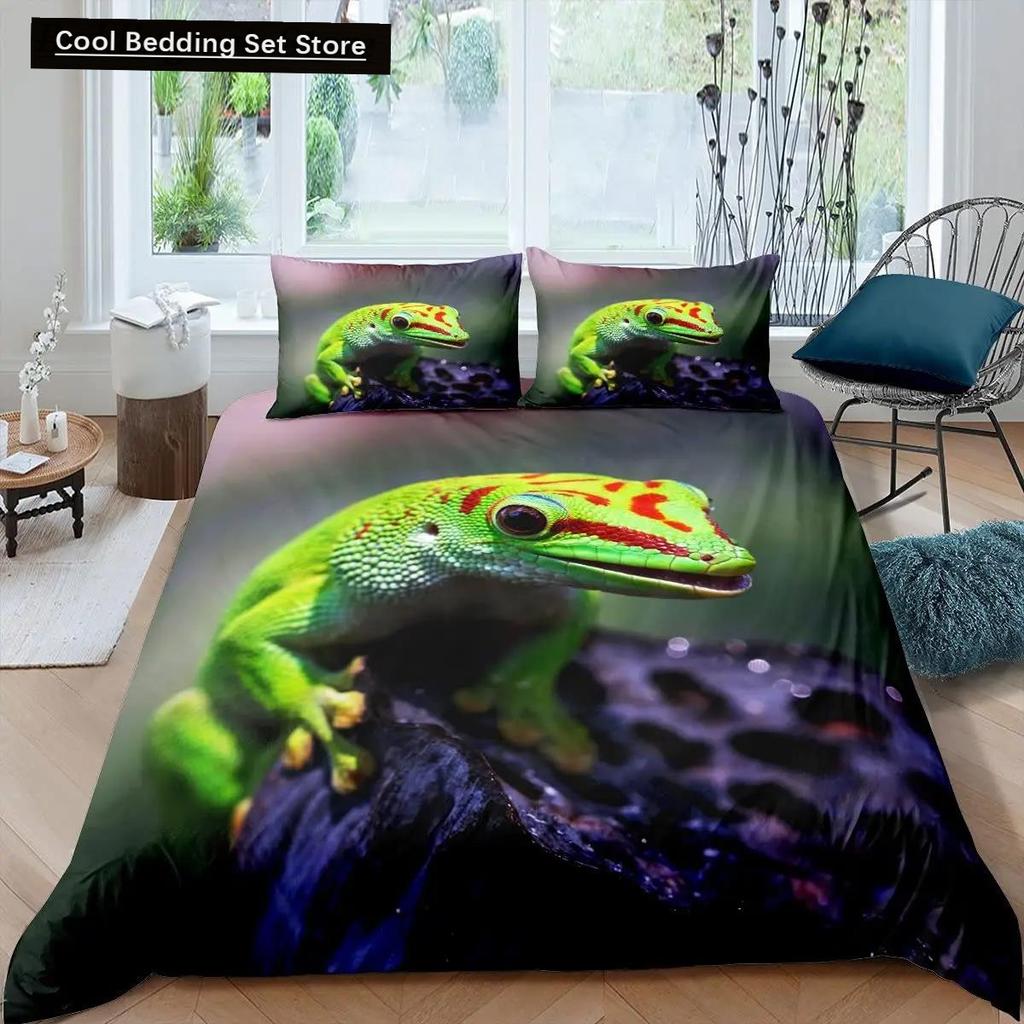 Kameleon Zestaw Poszwy na Kołdrę Motyw Dzikich Zwierząt 3D Zestaw Pościeli na Łóżko Pojedyncze Poszwa na Kołdrę Dzikiej Przyrody Chłopcy Zielony Liść Poliestrowa Poszwa na Kołdrę