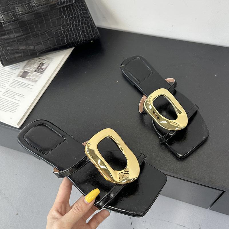 Fashion Summer Beach Female Slides Slippers Sandals Shoes For Women Flip Flops Fashion Metal Ladies Flats Slippers Shoes Big Size 43