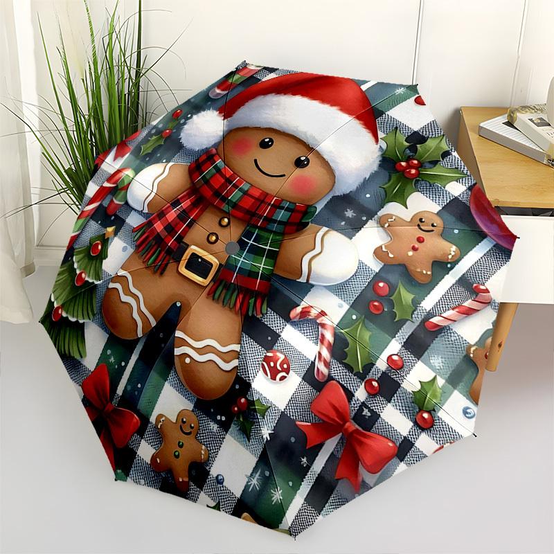 1pc Christmas Gingerbread Man Auto-Folding Umbrella, Portable 3-Fold Design with 8-Rib Iron Frame, Perfect for Fans, Travelers, Daily Use, and Festive