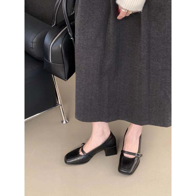 2025 new Retro Women's Pumps Soft Leather Square Head Belt Buckle Shallow Thick High Heeled Mary Jane Shoe Brown/Black
