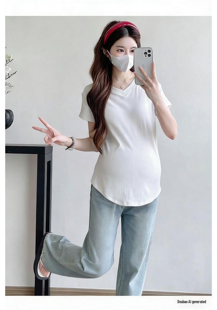 Maternity V-Neck Short Sleeve Pleated T-Shirt - Loose Fit, Belly-Covering, Solid Color, Summer Style