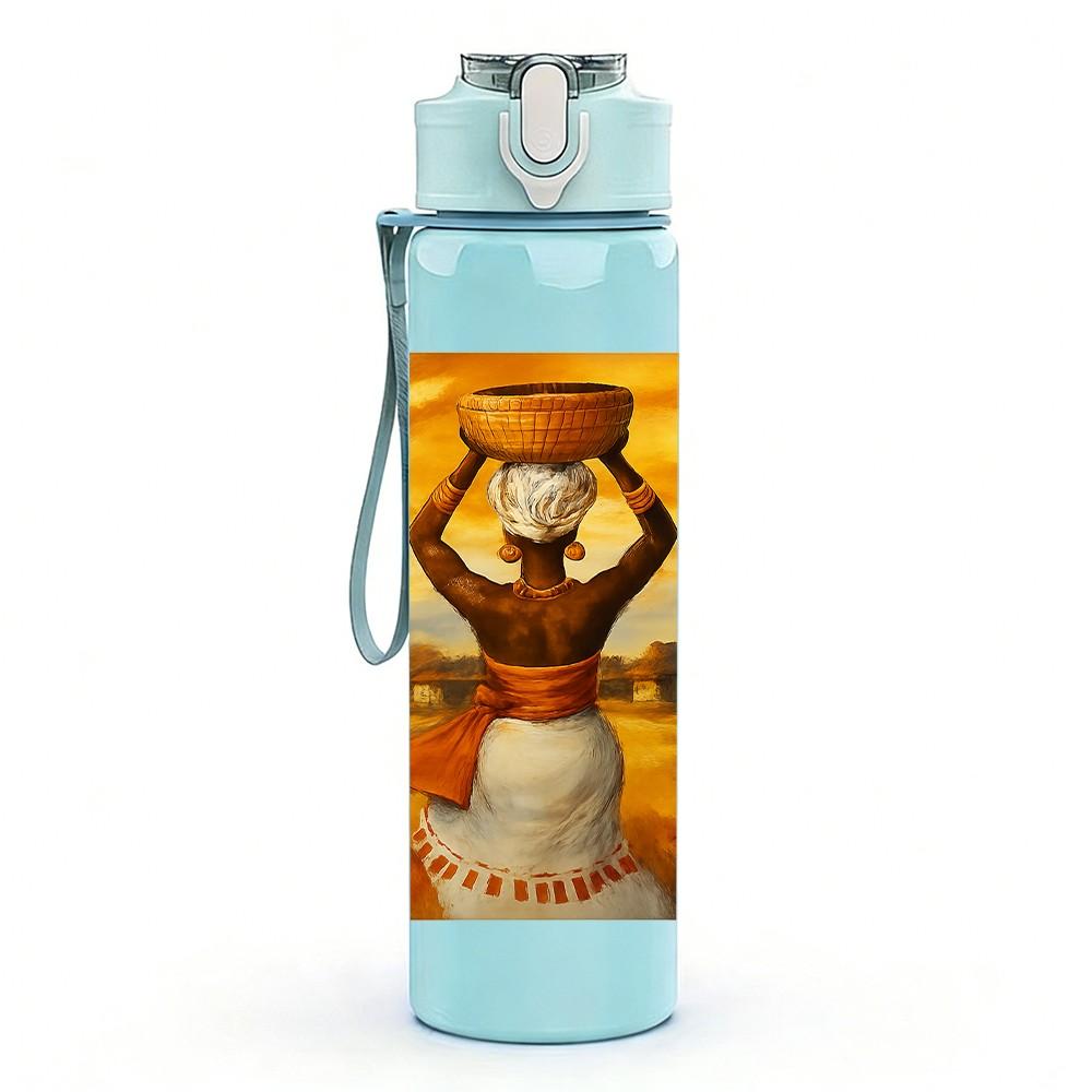 1PC African Woman Vase Head Art Print 750ml Color Plastic Sports Water Bottle Leakproof Flip Straw Lid Suitable for Sports Office Home Use