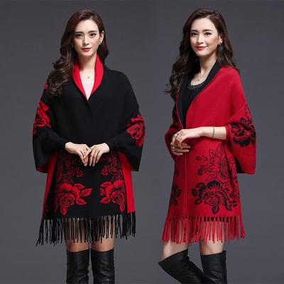 Autumn Tassel Jacquard Cheongsam Shawl - Women's Floral Warm Cloak with Sleeves