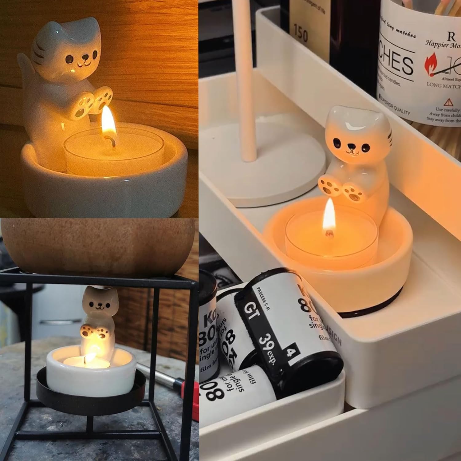 

Kitten Candle Holder, Handmade Ceramic Candlestick,Cartoon Kitty Warming Its Paws Cute Light Holder, Gift for Cat Lover Choice(Not Included Candles)