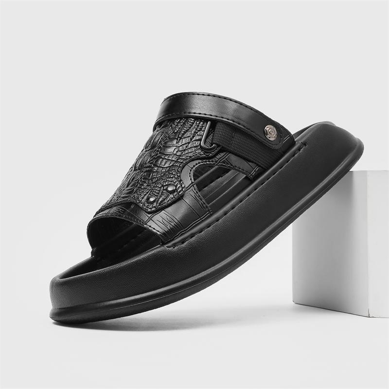 Fashion Stylish Mens Casual Leather Slippers Slip on Flats S  Fashion Beach Sandals Open-toe Outdoor Half Drag Leisure Walk Male Slides