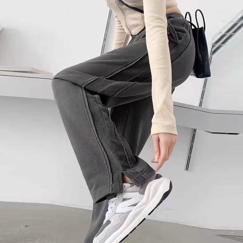 Women's Spring/Autumn Gray High-Waist Drapey Split Wide-Leg Sweatpants - Straight-Leg Casual Joggers