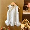 Summer Girls Chinese Embroidered Sleeveless Dress With Ruffles And Frog Buttons Princess Party Dress For Kids