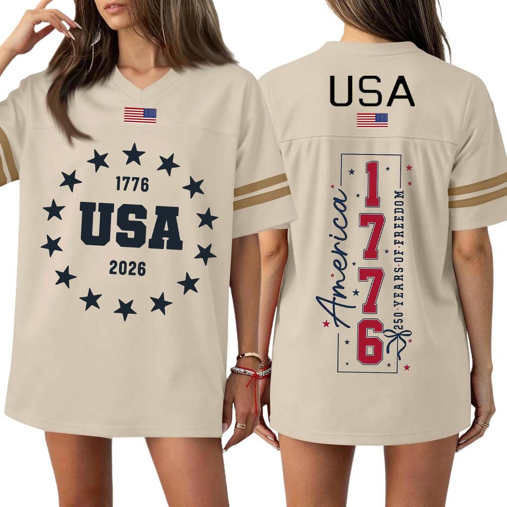 Womens Short Sleeve V Neck Oversized T Shirt 1776 2026 USA Letter Print Loose Fit Top Flag Graphic Tee